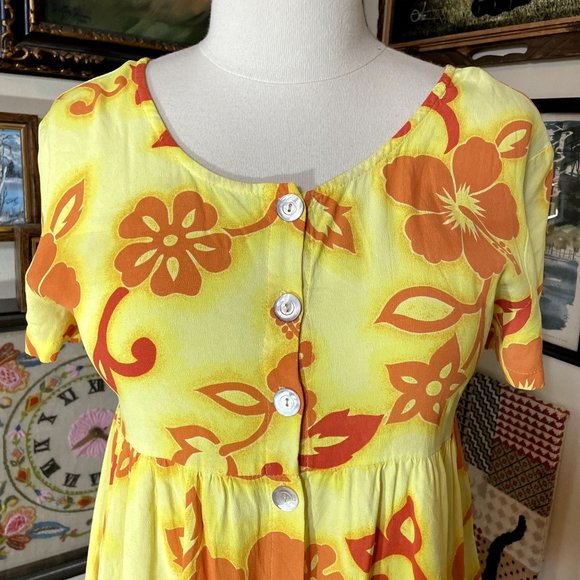 90s Vintage Big Hed Designs Yellow and Orange Hawaiian Floral Short Sleeve Dress - Picture 2 of 8
